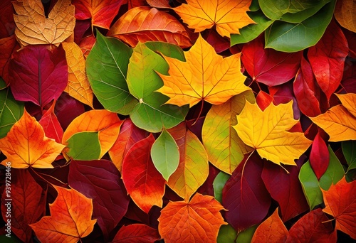 vibrant autumn leaves arranged striking patterns showcasing rich colors unique designs, orange, red, yellow, foliage, texture, seasonal, outdoor, bright