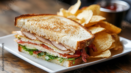 Club sandwich served on a square white plate with a side of chips