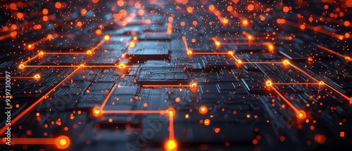 A futuristic view of a glowing circuit board with vibrant orange lights, representing technology and connectivity.