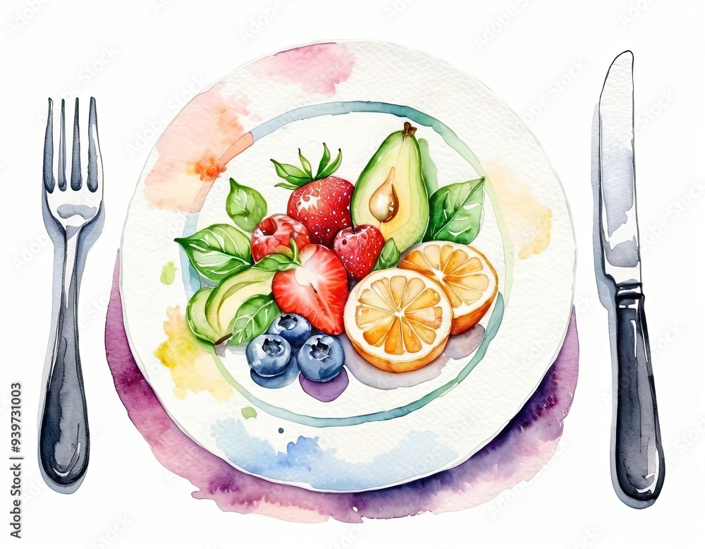 Watercolor painting of a plate of fruit with a fork and knife. Watercolor painting of a plate of fruit with a fork and knife.