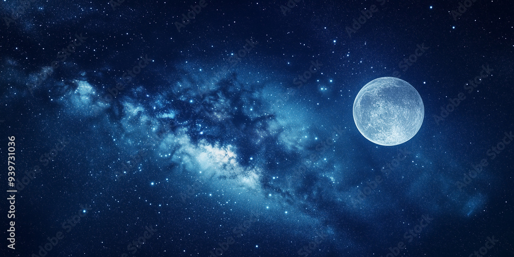 Obraz premium Full moon illuminating a starry night sky with the Milky Way galaxy in the background