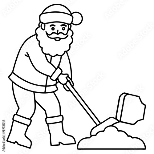 Santa Claus with a snow shovel clearing the driveway.
