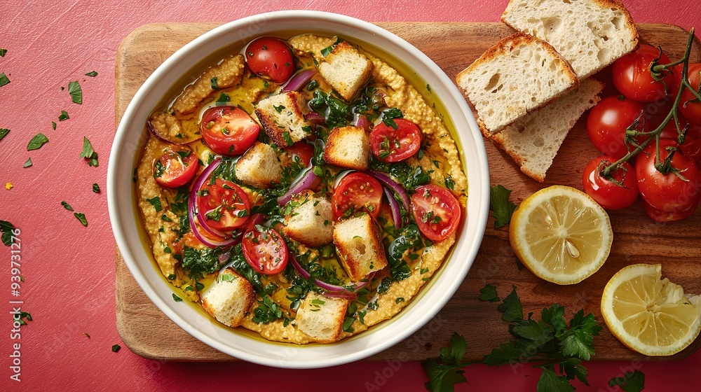 A cutting board holds a bowl of soup with bread, tomatoes, and a lemon slice A cutting board holds a bowl of soup with bread, tomatoes, and a lemon slice