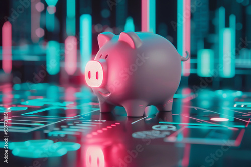 A pink piggy bank on a futuristic digital interface background, symbolizing financial technology, savings, and investment.