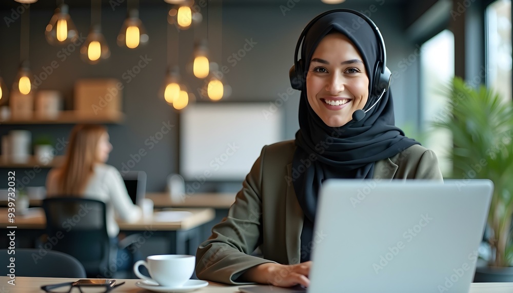 Fototapeta premium Continuing education program. Smiling muslim female worker in headset watching webinar on laptop in modern office, Muslim woman wearing hijab, Muslim woman use laptop waring hijab