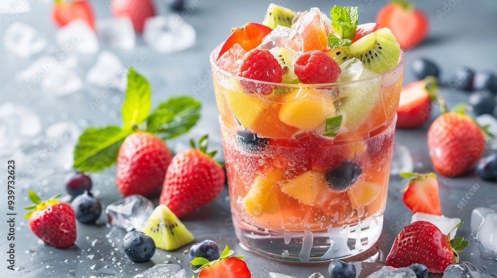 Refreshing Fruit Salad with Ice Cubes in a Glass Refreshing Fruit Salad with Ice Cubes in a Glass