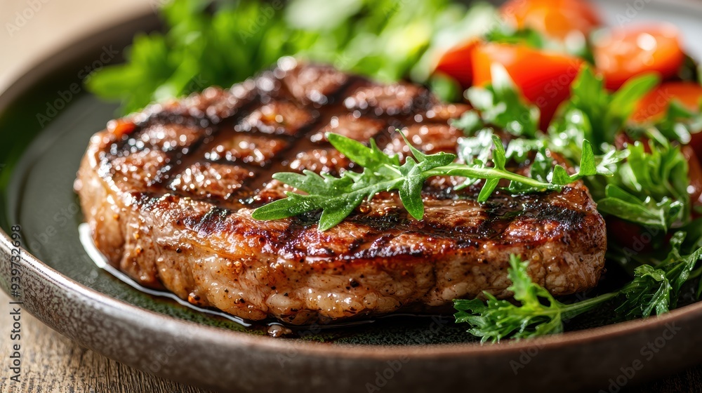 Sustainable Dining Delight: Succulent Cultured Meat Steak with Fresh Herbs and Veggies on Ceramic Plate - Eco-Friendly Food Choices Sustainable Dining Delight: Succulent Cultured Meat Steak with Fresh Herbs and Veggies on Ceramic Plate - Eco-Friendly Food Choices