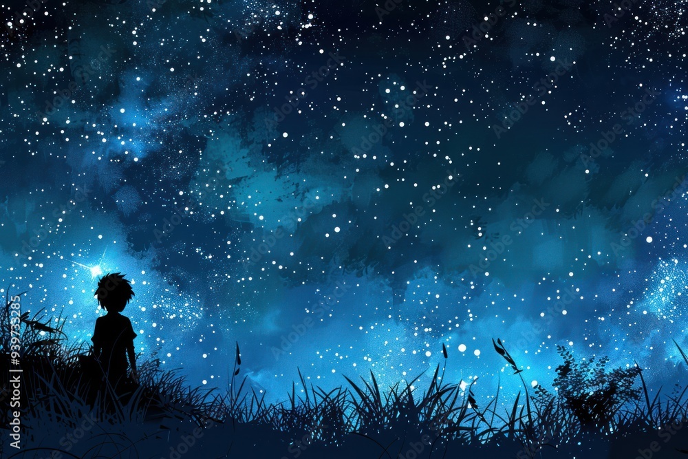Calm night scene. A lone figure sits in the foreground. The figure is silhouetted against a bright blue sky dotted with numerous small white stars. Calm night scene. A lone figure sits in the foreground. The figure is silhouetted against a bright blue sky dotted with numerous small white stars.