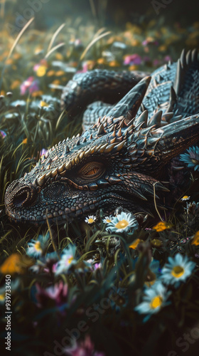 Fantasy dragon resting in a meadow filled with flowers, showcasing vivid colors and intricate details.