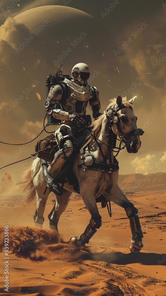 Futuristic astronaut riding a horse on an alien desert planet with a large moon in the background. Epic sci-fi fantasy adventure scene. Futuristic astronaut riding a horse on an alien desert planet with a large moon in the background. Epic sci-fi fantasy adventure scene.