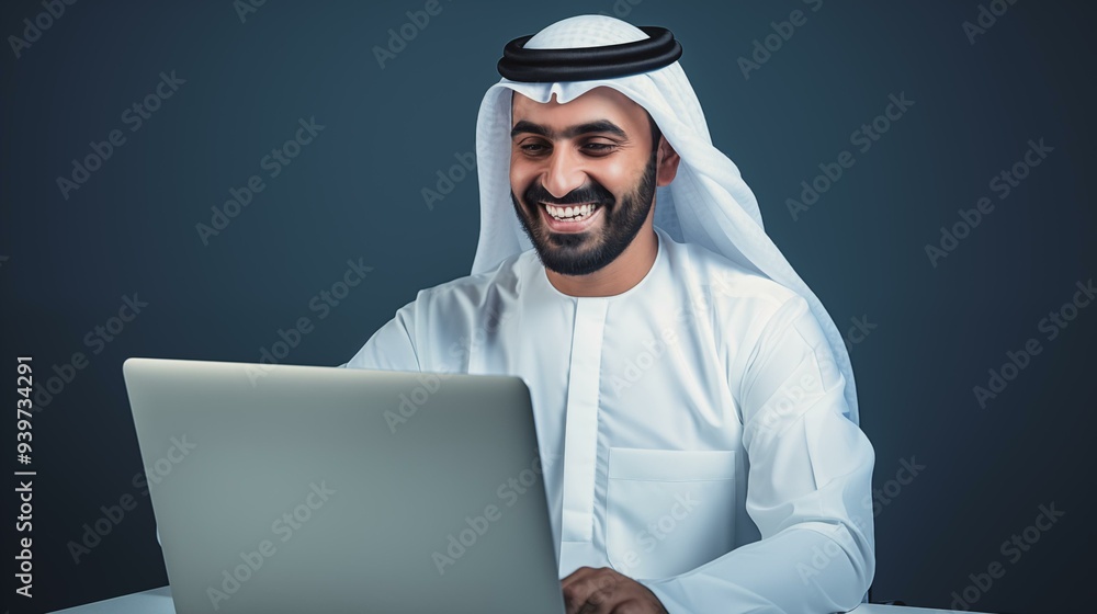 arab working on a laptop, isolated background arab working on a laptop, isolated background