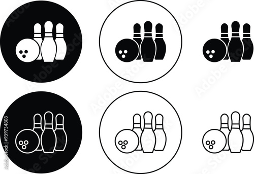 Bowling strike icon set. bowling ball and pin black flat and line vector collection isolated on transparent background. Symbol use for bowling club, games, sports Competition, element app and web.