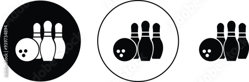 Bowling strike icon set. bowling ball and pin black flat and line vector collection isolated on transparent background. Symbol use for bowling club, games, sports Competition, element app and web.