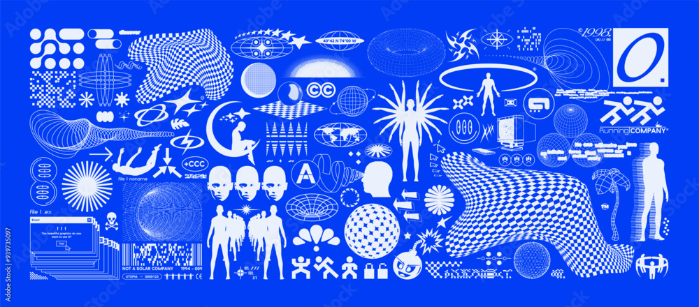 © BonkiStudio - Retro futuristic elements. Abstract set of silhouettes of people, 3d shapes, wireframe, geometric objects and perspective grids. Blanks for a poster, banner, business card, sticker