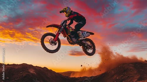 A daring rider jumps a dirt bike at sunset, showcasing skill against a vibrant and thrilling backdrop. photo