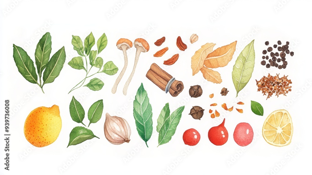 Spices ingredients set. White background. Watercolor illustrations Spices ingredients set. White background. Watercolor illustrations