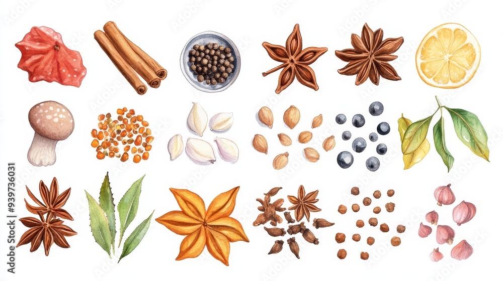 Spices ingredients set. White background. Watercolor illustrations Spices ingredients set. White background. Watercolor illustrations