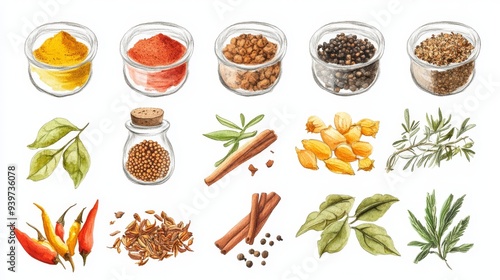 Fototapeta Naklejka Na Ścianę i Meble -  Spices ingredients set. White background. Watercolor illustrations
