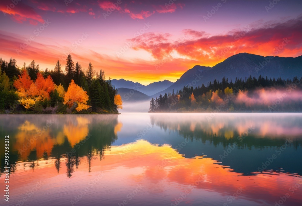 Fototapeta premium tranquil lake reflecting vibrant sunrise colors bright shades yellow serene natural landscape, reflection, orange, pink, water, sky, clouds, scenery, morning