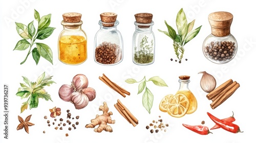 Fototapeta Naklejka Na Ścianę i Meble -  Spices ingredients set. White background. Watercolor illustrations
