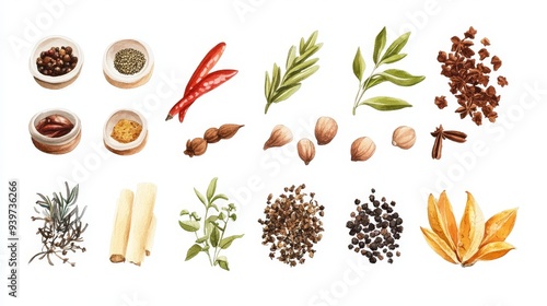 Spices ingredients set. White background. Watercolor illustrations