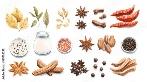 Spices ingredients set. White background. Watercolor illustrations