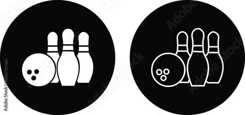 Bowling strike icon set. bowling ball and pin black flat and line vector collection isolated on transparent background. Symbol use for bowling club, games, sports Competition, element app and web.