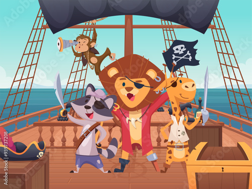 pirates. lion giraffe raccoon and monkey standing on pirate ship in cartoon costumes