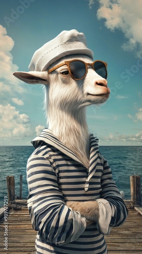 Whimsical Goat Sailor on Dock - Photorealistic Animal Character in Nautical Outfit Against Seascape Background photo