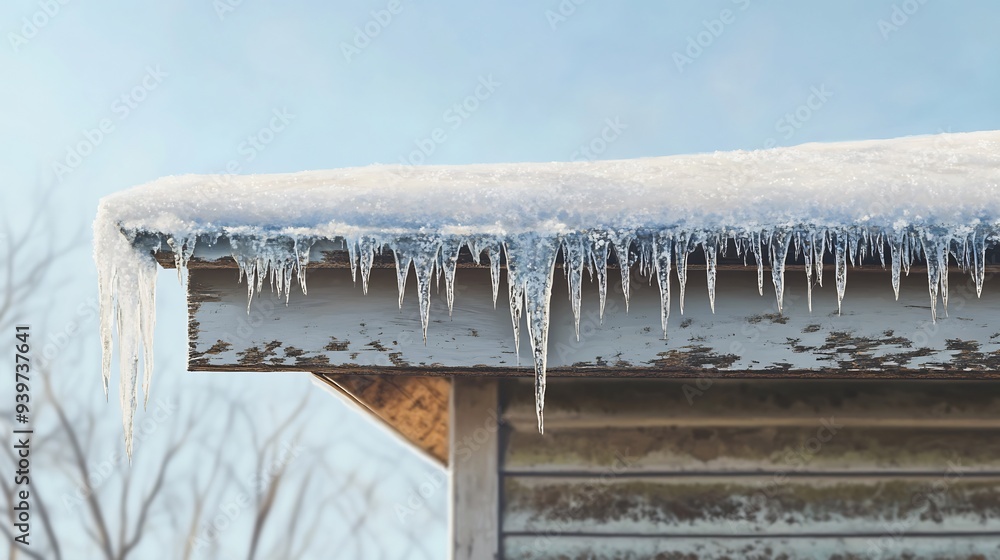 Icicles Hanging from a Snow-Covered Roof Eave Icicles Hanging from a Snow-Covered Roof Eave