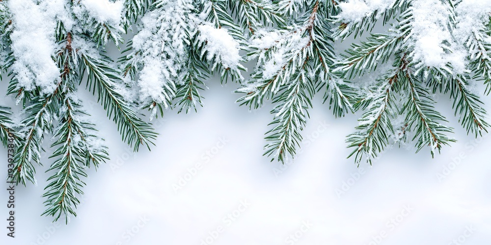 Snow-covered spruce branches in the form of a garland on a light background Snow-covered spruce branches in the form of a garland on a light background