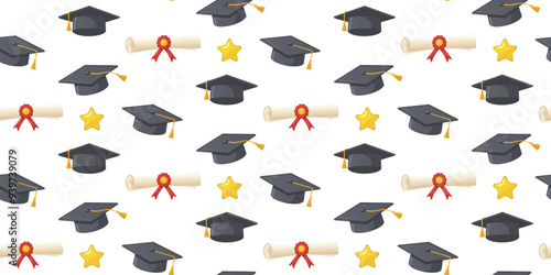 Seamless vector pattern with graduation caps, diplomas with red ribbons and gold stars. Template for use in educational designs, graduation announcements, and celebratory projects.
