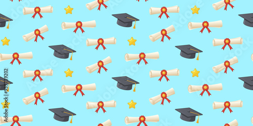 Graduation background with diplomas with red ribbons and black graduation caps with golden stars on a light blue background. For celebratory event decorations or gift wrapping for graduates.