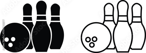 Bowling strike icon set. bowling ball and pin black flat and line vector collection isolated on transparent background. Symbol use for bowling club, games, sports Competition, element app and web.