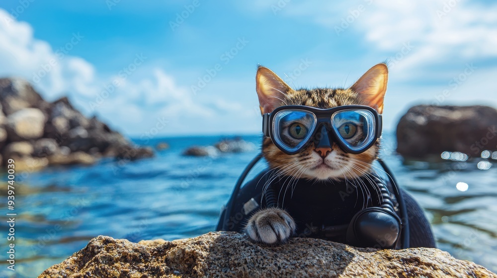 Adventure Cat Ready for Underwater Exploration - High-Resolution Image of Cat in Scuba Diving Suit with Goggles By Ocean Rock with Detailed Water Reflections Adventure Cat Ready for Underwater Exploration - High-Resolution Image of Cat in Scuba Diving Suit with Goggles By Ocean Rock with Detailed Water Reflections