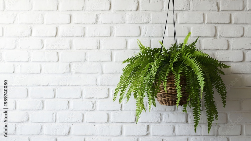 A minimalist hanger pot with a cascading fern, suspended against a white brick wall A minimalist hanger pot with a cascading fern, suspended against a white brick wall