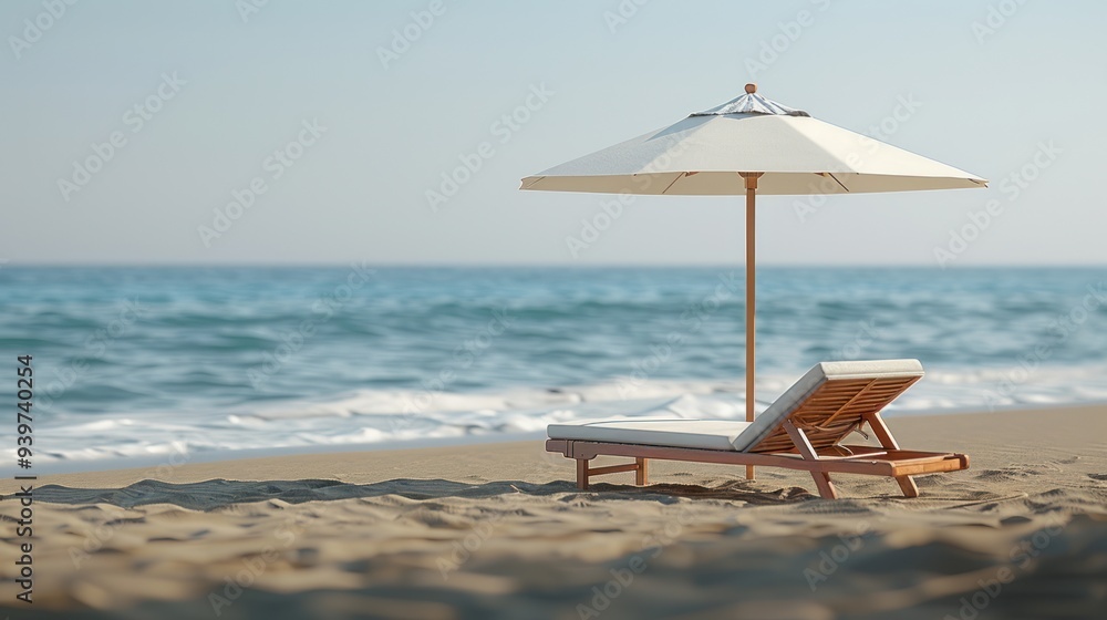 Obraz premium Serene beach landscape with wooden deck chair under a white umbrella.