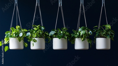 A row of sleek white hanger pots with lush green plants, hanging against a dark navy wall