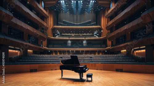 Grand piano on a stage in a large concert hall with tiered seating, under dramatic spotlight