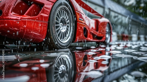 Close-up of the front tire and aerodynamic wing of a red racing car on a shiny wet surface, highlighting the high performance and modern style of the car.