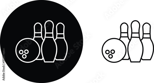 Bowling strike icon set. bowling ball and pin black flat and line vector collection isolated on transparent background. Symbol use for bowling club, games, sports Competition, element app and web.