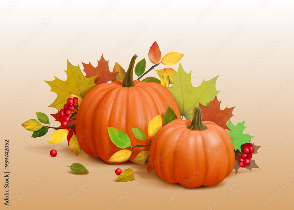 Autumn pumpkins. Happy thanksgiving day design composition, fall food background with halloween party, november maple leaves and berries, leaf harvest. Isolated 3d render vector banner Autumn pumpkins. Happy thanksgiving day design composition, fall food background with halloween party, november maple leaves and berries, leaf harvest. Isolated 3d render vector banner
