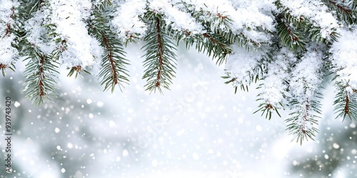 Snow-covered spruce branches in the form of a garland on a light background