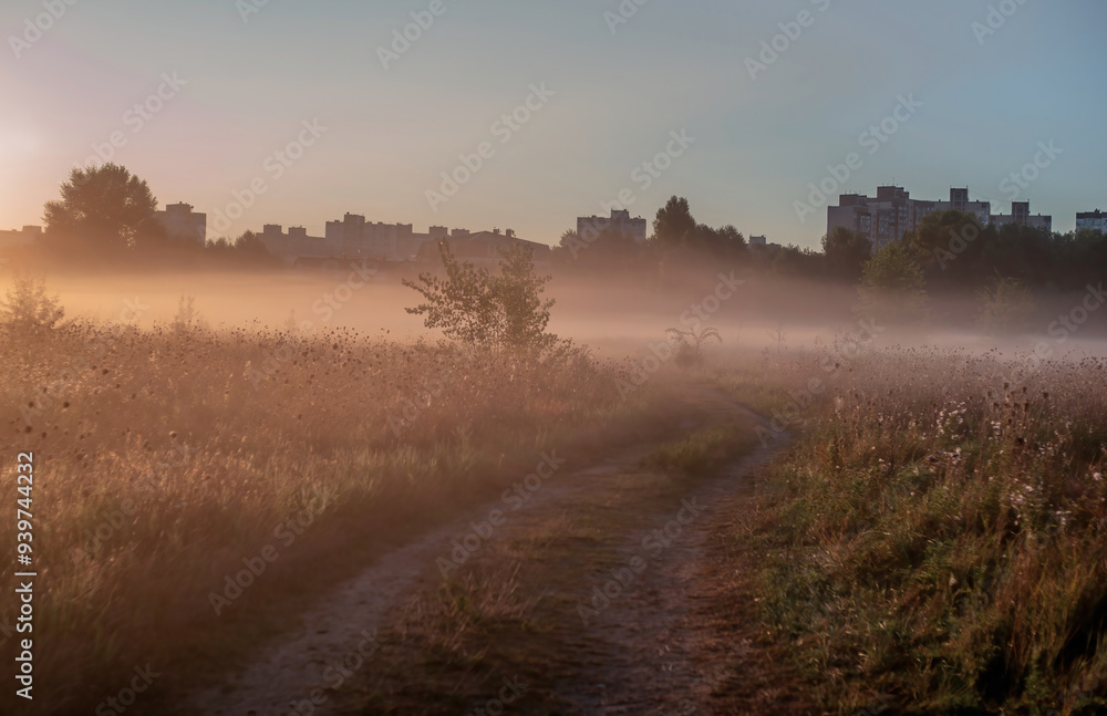 A soft summer morning mist drapes the fields near the city at the end of August, weaving through the golden grasses and whispering the promise of a new day A soft summer morning mist drapes the fields near the city at the end of August, weaving through the golden grasses and whispering the promise of a new day