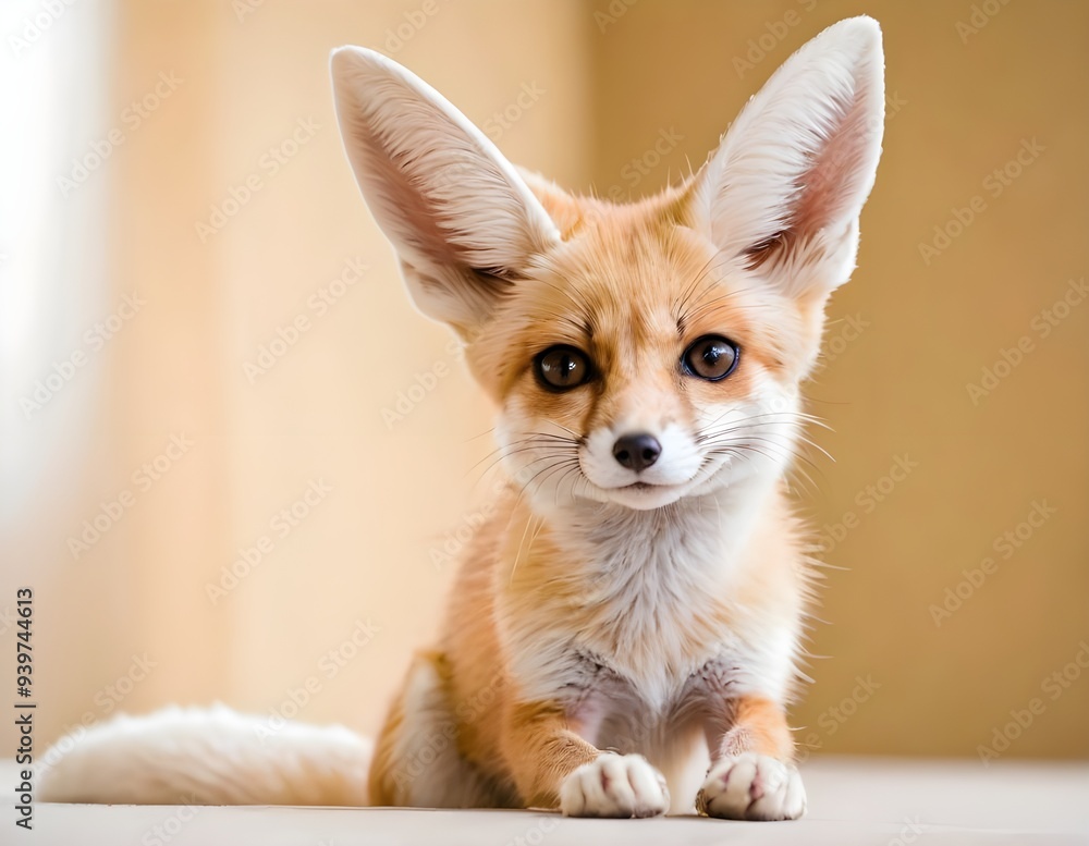 Fennec fox sitting gracefully on light background, showcasing its large ears and playful expression Fennec fox sitting gracefully on light background, showcasing its large ears and playful expression