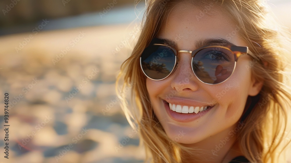 Beautiful young woman with blonde hair smiling and wearing sunglasses on the beach. Beautiful young woman with blonde hair smiling and wearing sunglasses on the beach.