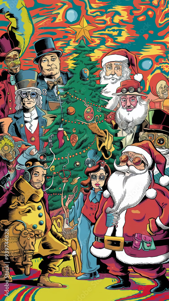 Fototapeta premium A poster with a postmodernist feel, it features a variety of characters dressed in steampunk and Santa Claus costumes, gathered around a Christmas tree.