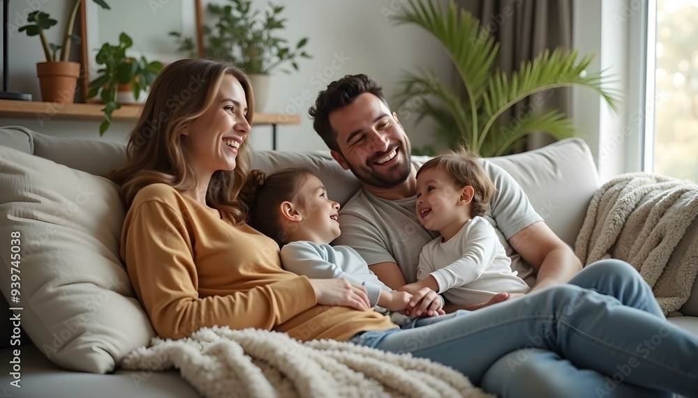 Happy family at home. Mother father two children daughters relaxing on sofa indoor. Mom dad parents baby girls kids relax playing having fun together. Family smiling laughing enjoying tender moment Happy family at home. Mother father two children daughters relaxing on sofa indoor. Mom dad parents baby girls kids relax playing having fun together. Family smiling laughing enjoying tender moment