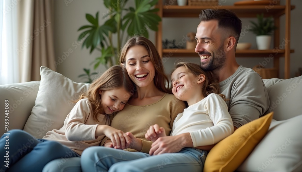 Happy family at home. Mother father two children daughters relaxing on sofa indoor. Mom dad parents baby girls kids relax playing having fun together. Family smiling laughing enjoying tender moment Happy family at home. Mother father two children daughters relaxing on sofa indoor. Mom dad parents baby girls kids relax playing having fun together. Family smiling laughing enjoying tender moment