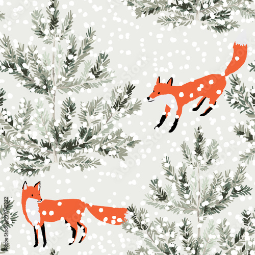 Christmas seamless pattern, red fox animals, pine trees, snow, light gray background. Vector illustration. Nature design. Season greeting. Winter Xmas holidays